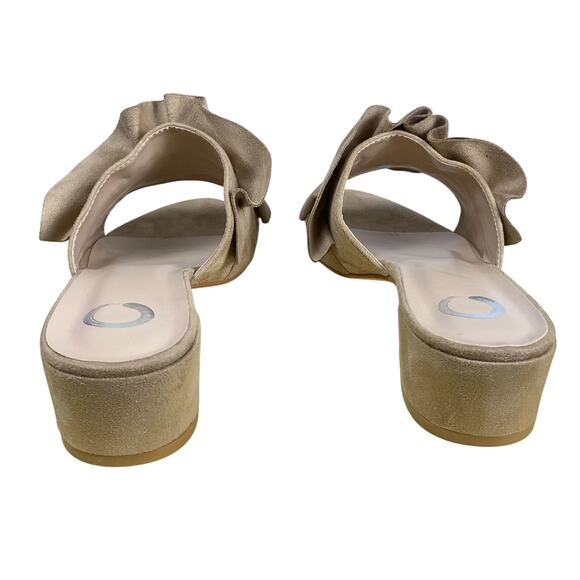 Tan Ruffled Faux Suede Slide Sandals Low Block Heel Size 9.5 NWOT - Picture 5 of 9